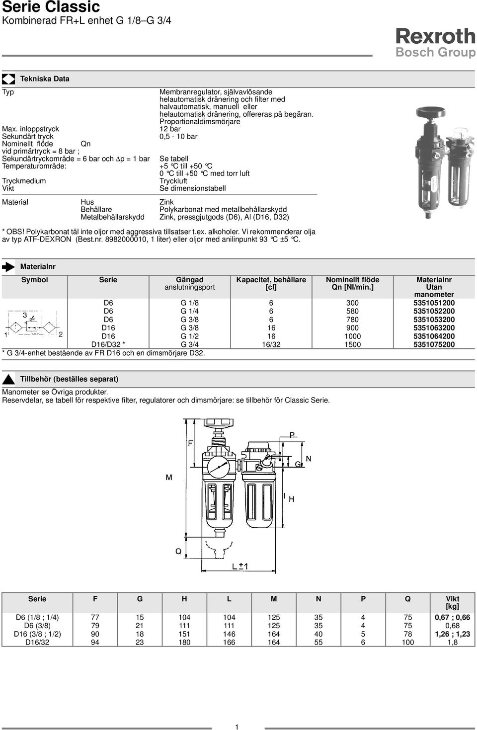 inloppstryck 2 bar Sekundärt tryck 0,5-0 bar vid primärtryck = 8 bar ; Sekundärtryckområde = 6 bar och p = bar Se tabell Temperaturområde: +5 C till +50 C 0 C till +50 C med torr luft Se