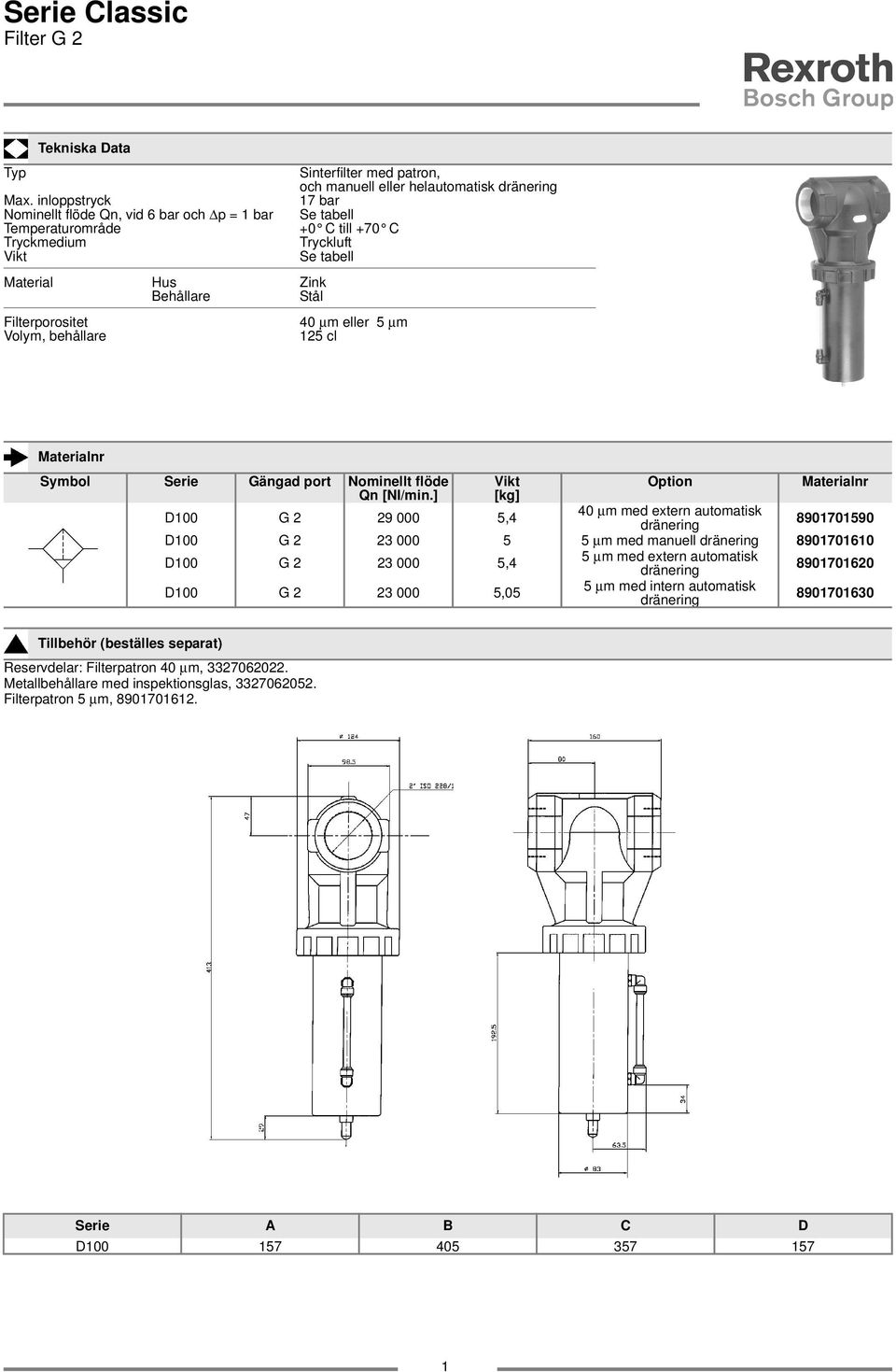 eller helautomatisk dränering 7 bar Se tabell +0 C till +70 C Se tabell Symbol Serie Gängad port Nominellt flöde Option D00 G 2 29 000 5,4 40 µm med extern automatisk dränering