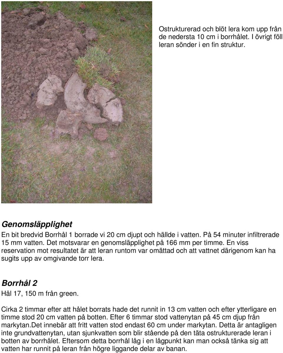 ha sugits upp av omgivande torr lera Borrhål 2 Hål 17, 150 m från green Cirka 2 timmar efter att hålet borrats hade det runnit in 13 cm vatten och efter ytterligare en timme stod 20 cm vatten på