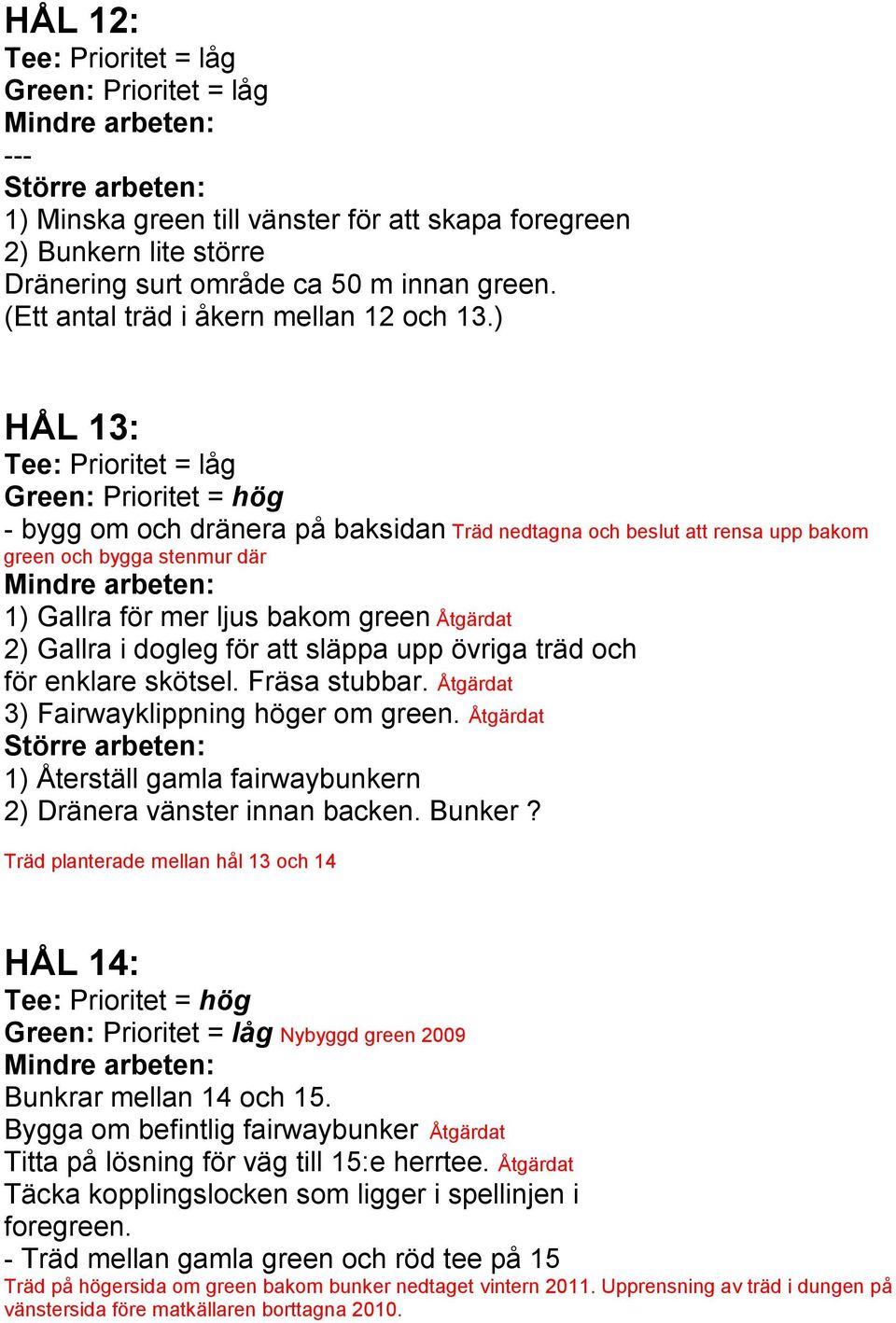 övriga träd och för enklare skötsel. Fräsa stubbar. Åtgärdat 3) Fairwayklippning höger om green. Åtgärdat 1) Återställ gamla fairwaybunkern 2) Dränera vänster innan backen. Bunker?