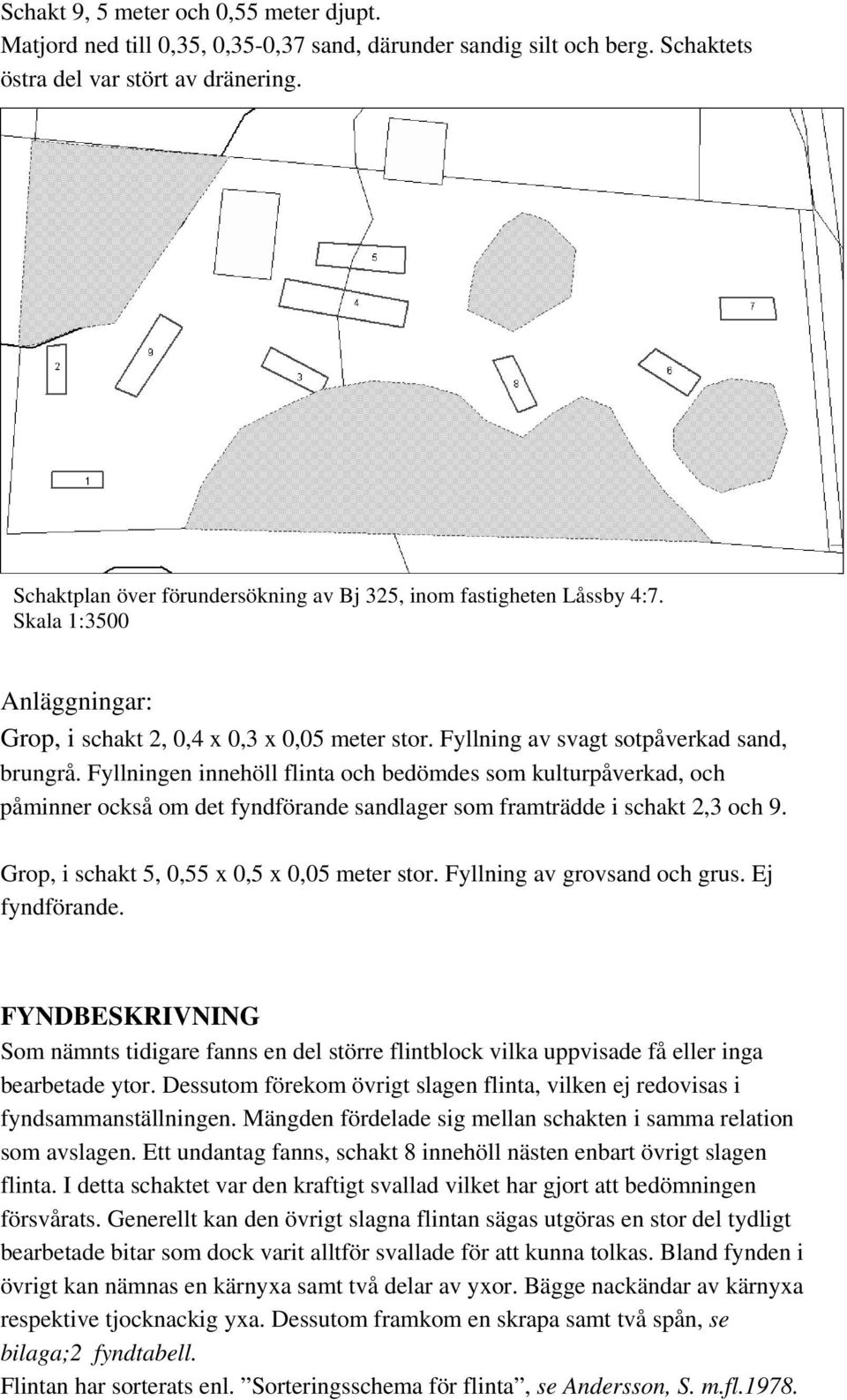 Fyllningen innehöll flinta och bedömdes som kulturpåverkad, och påminner också om det fyndförande sandlager som framträdde i schakt 2,3 och 9. Grop, i schakt 5, 0,55 x 0,5 x 0,05 meter stor.