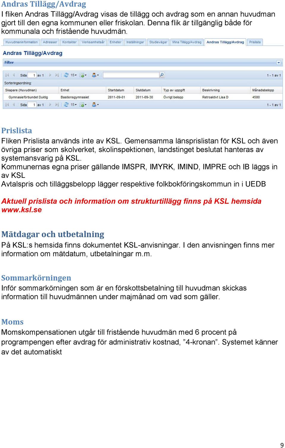 Gemensamma länsprislistan för KSL och även övriga priser som skolverket, skolinspektionen, landstinget beslutat hanteras av systemansvarig på KSL.