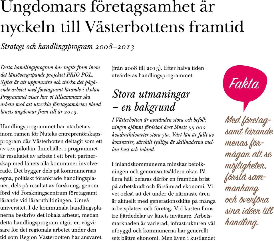 Programmet visar hur vi tillsammans ska arbeta med att utveckla företagsamheten bland länets ungdomar fram till år 2013.