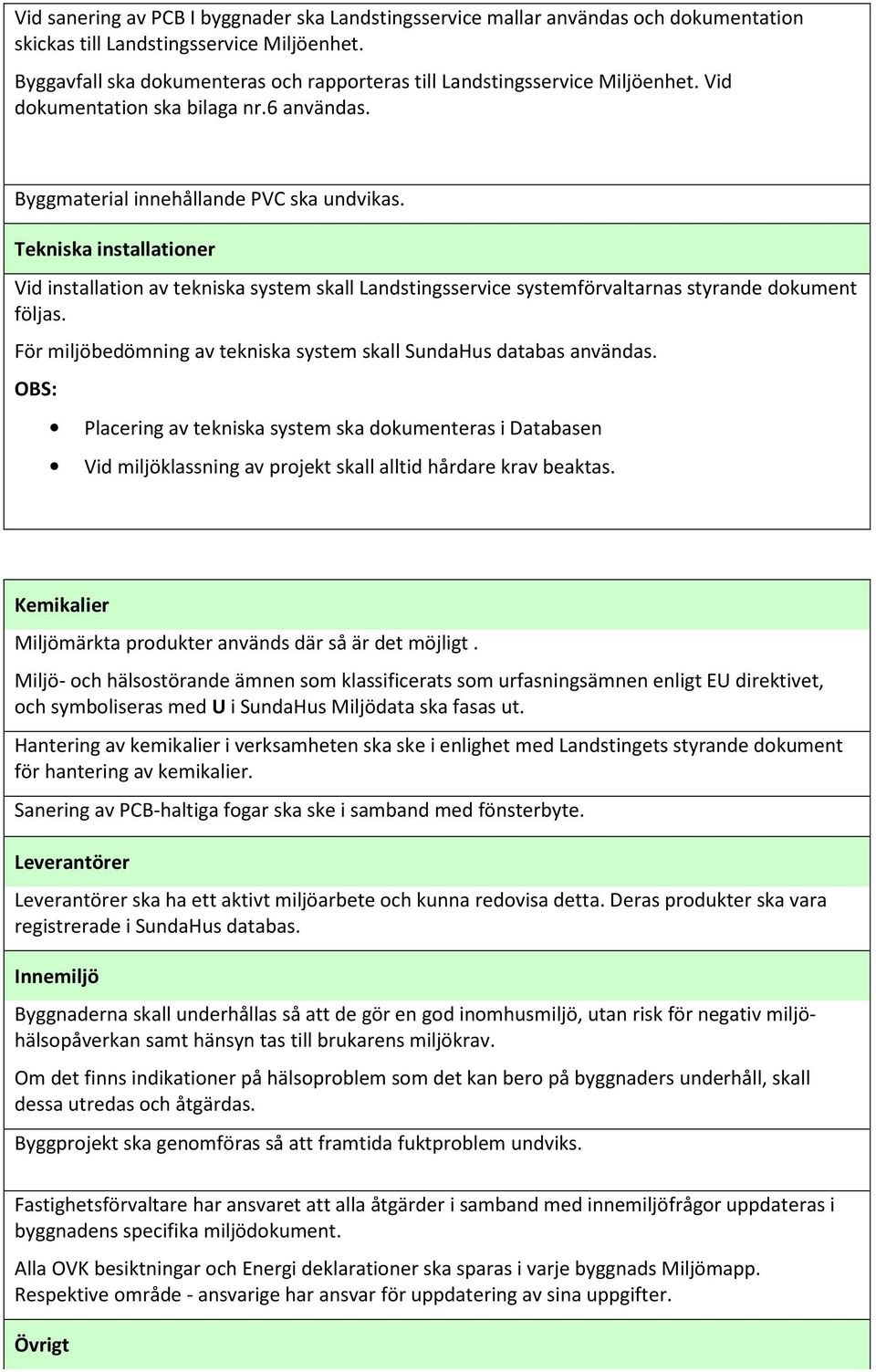 Tekniska installationer Vid installation av tekniska system skall Landstingsservice systemförvaltarnas styrande dokument följas. För miljöbedömning av tekniska system skall SundaHus databas användas.