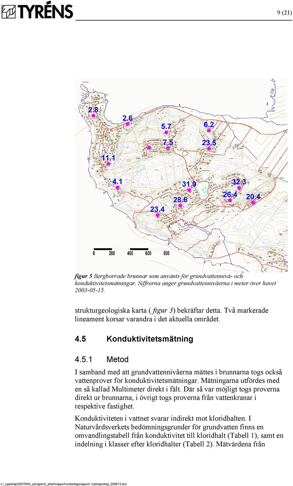 Konduktivitetsmätning 4.5.1 Metod I samband med att grundvattennivåerna mättes i brunnarna togs också vattenprover för konduktivitetsmätningar.