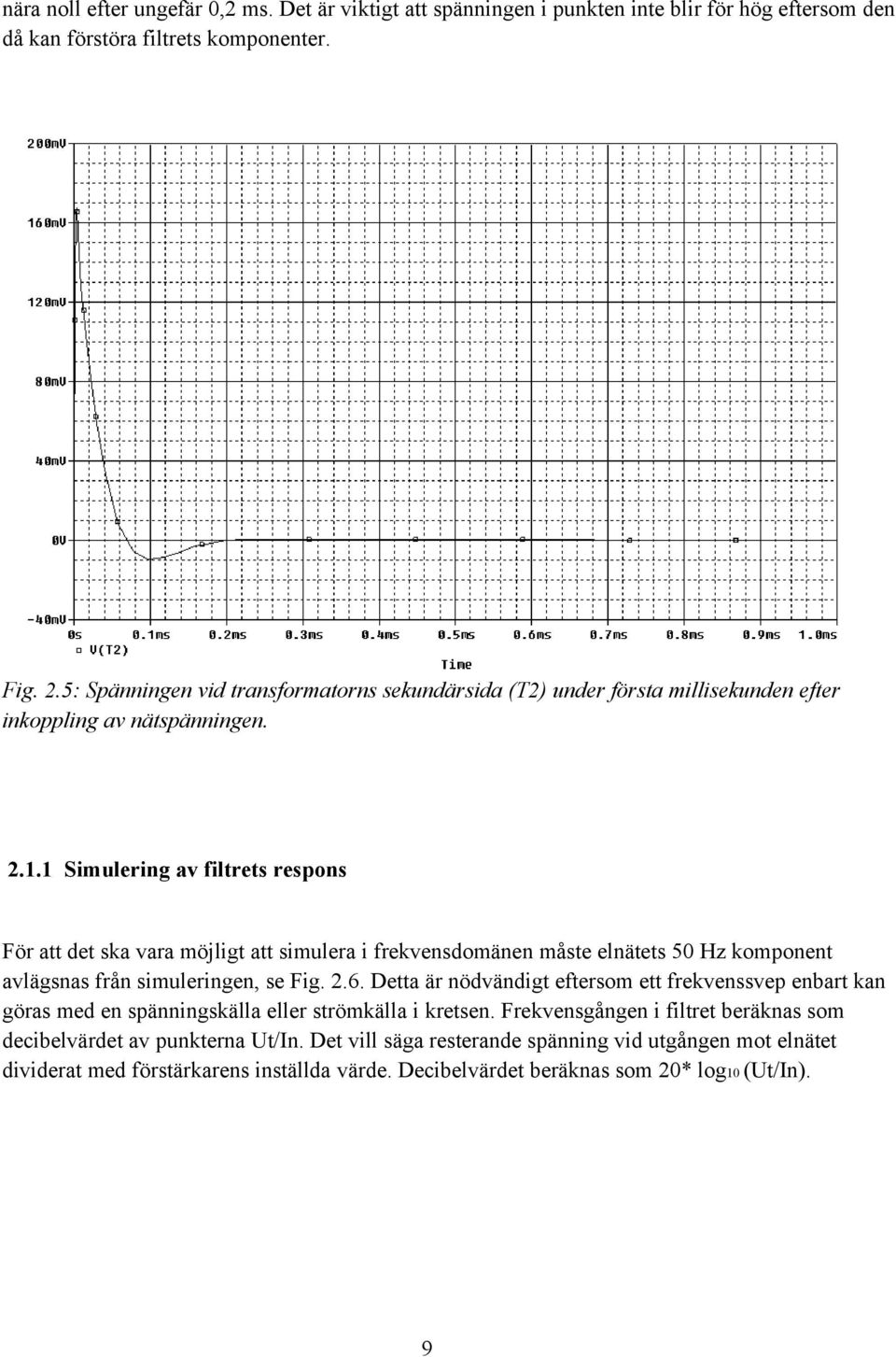 1 Simulering av filtrets respons För att det ska vara möjligt att simulera i frekvensdomänen måste elnätets 50 Hz komponent avlägsnas från simuleringen, se Fig. 2.6.