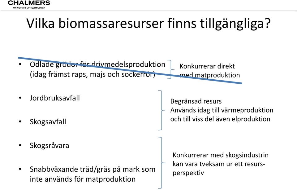 matproduktion Jordbruksavfall Skogsavfall Begränsad resurs Används idag till värmeproduktion och till