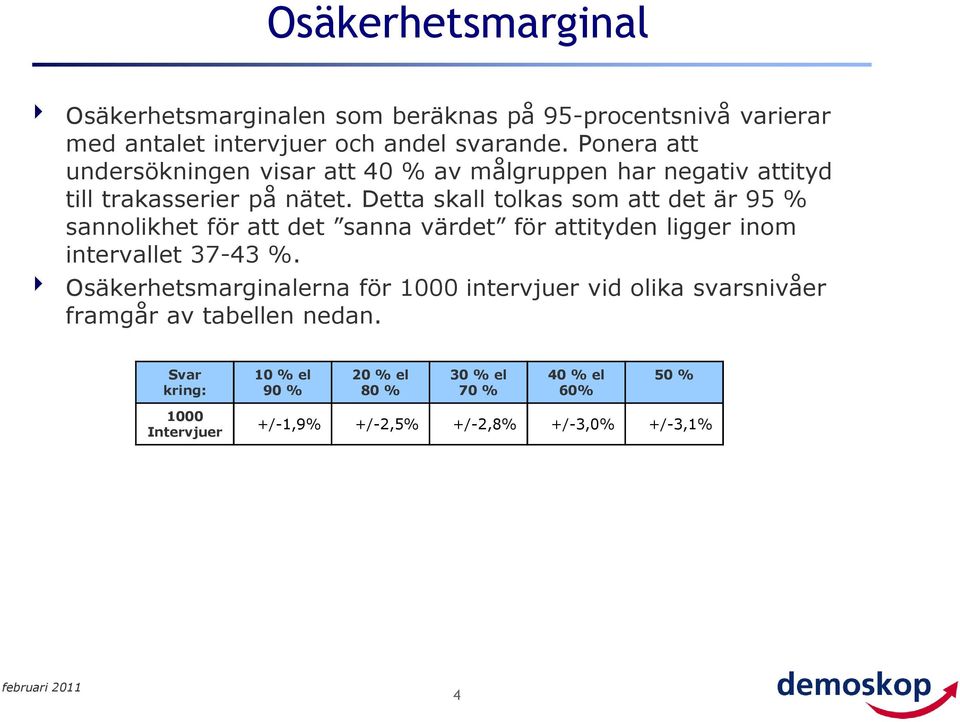 Detta skall tolkas som att det är 95 % sannolikhet för att det sanna värdet för attityden ligger inom intervallet 37-43 %.