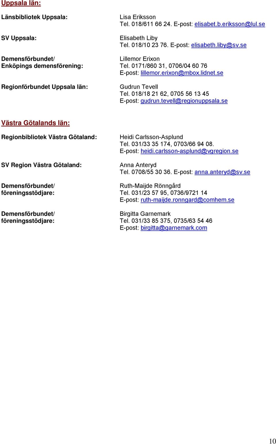 018/18 21 62, 0705 56 13 45 E-post: gudrun.tevell@regionuppsala.se Västra Götalands län: Regionbibliotek Västra Götaland: SV Region Västra Götaland: Heidi Carlsson-Asplund Tel.