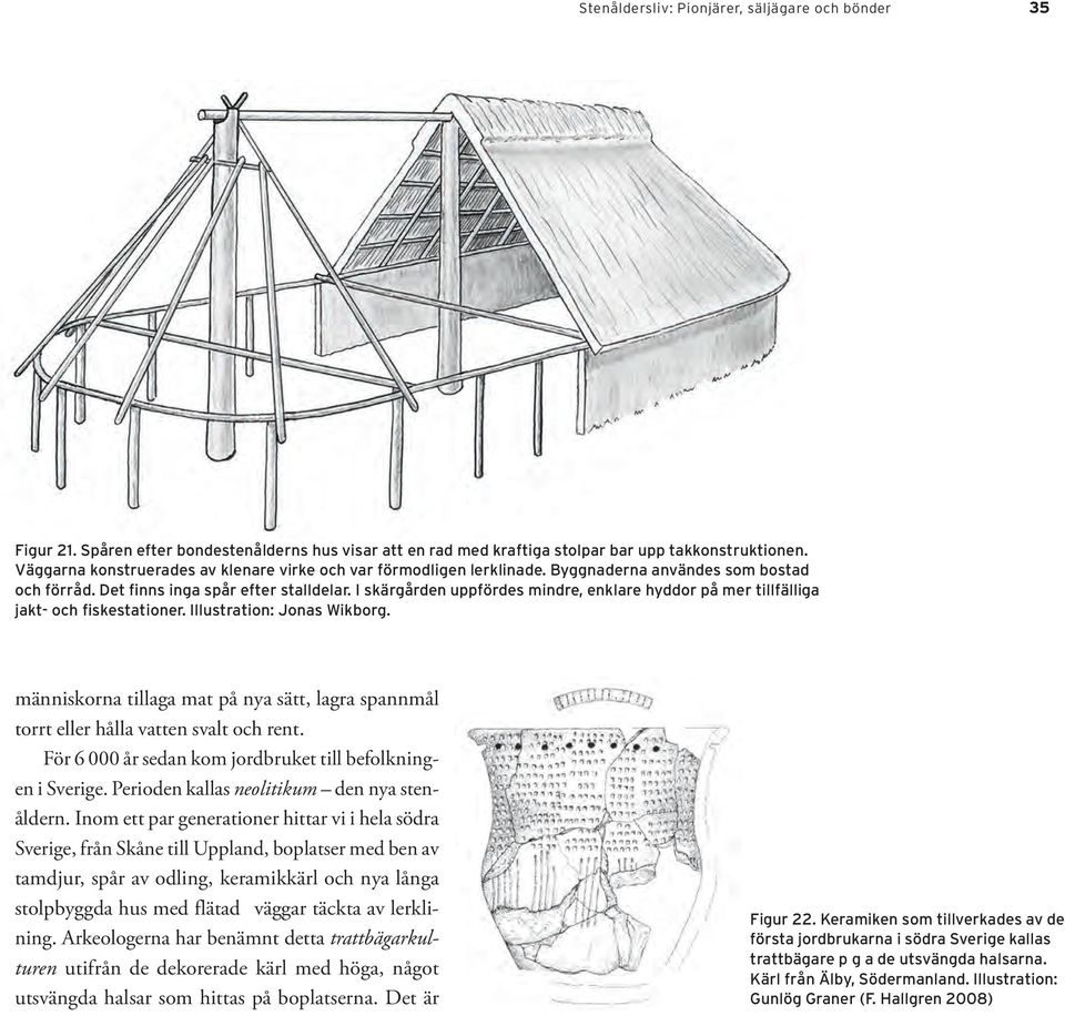 I skärgården uppfördes mindre, enklare hyddor på mer tillfälliga jakt- och fiskestationer. Illustration: Jonas Wikborg.