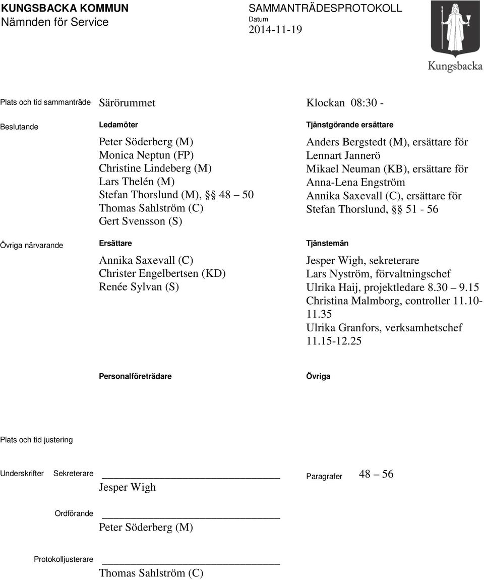 ersättare för Lennart Jannerö Mikael Neuman (KB), ersättare för Anna-Lena Engström Annika Saxevall (C), ersättare för Stefan Thorslund, 51-56 Tjänstemän Jesper Wigh, sekreterare Lars Nyström,