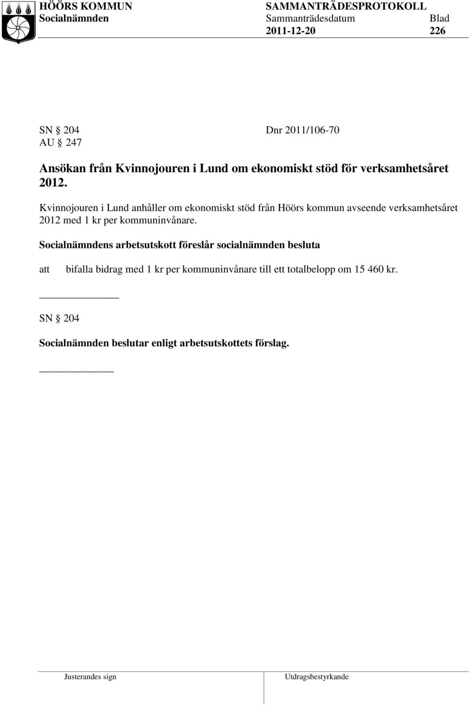 Kvinnojouren i Lund anhåller om ekonomiskt stöd från Höörs kommun avseende verksamhetsåret 2012 med 1 kr per