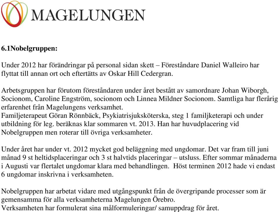 Samtliga har flerårig erfarenhet från Magelungens verksamhet. Familjeterapeut Göran Rönnbäck, Psykiatrisjuksköterska, steg 1 familjketerapi och under utbildning för leg. beräknas klar sommaren vt.