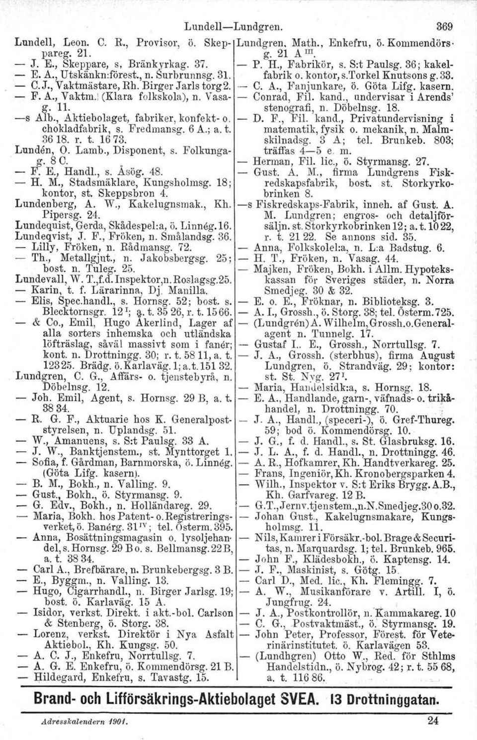 Vasa- - Conrad, Fil. kand., undervisar i Arends' g. 11. stenografi, n. Döbelnsg. 18. -s Alb., Aktiebolaget, fabriker, konfekt- o. - D. F., Fil. kand., Privatundervisning i chokladfabrik, s. Fredmansg.