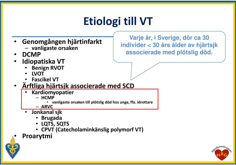 Idiopatiska VT Benign RVOT LVOT Fascikel VT Ärftliga hjärtsjk associerade med SCD Kardiomyopatier HCMP