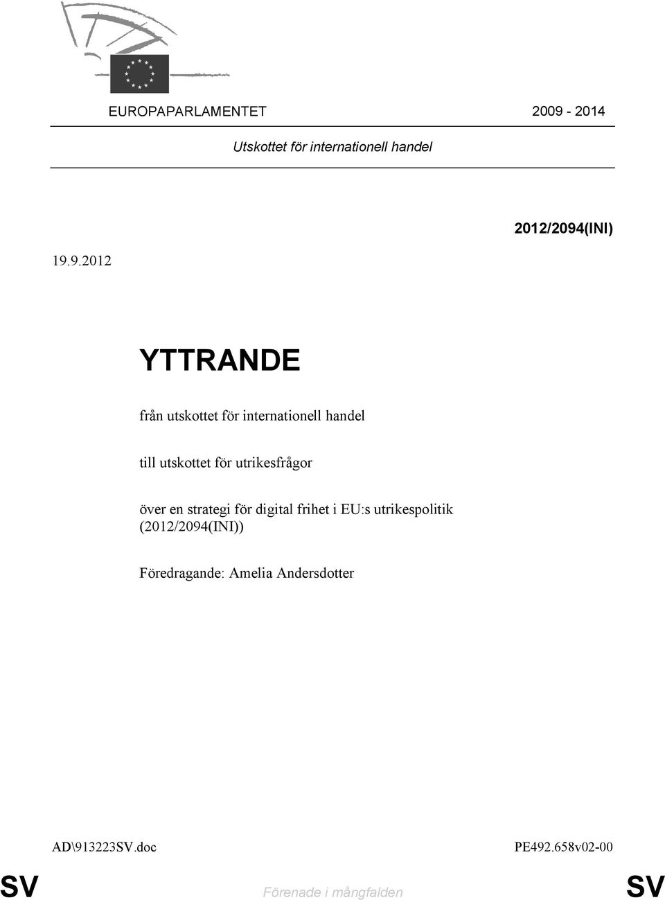 9.2012 2012/2094(INI) YTTRANDE från utskottet för internationell handel till