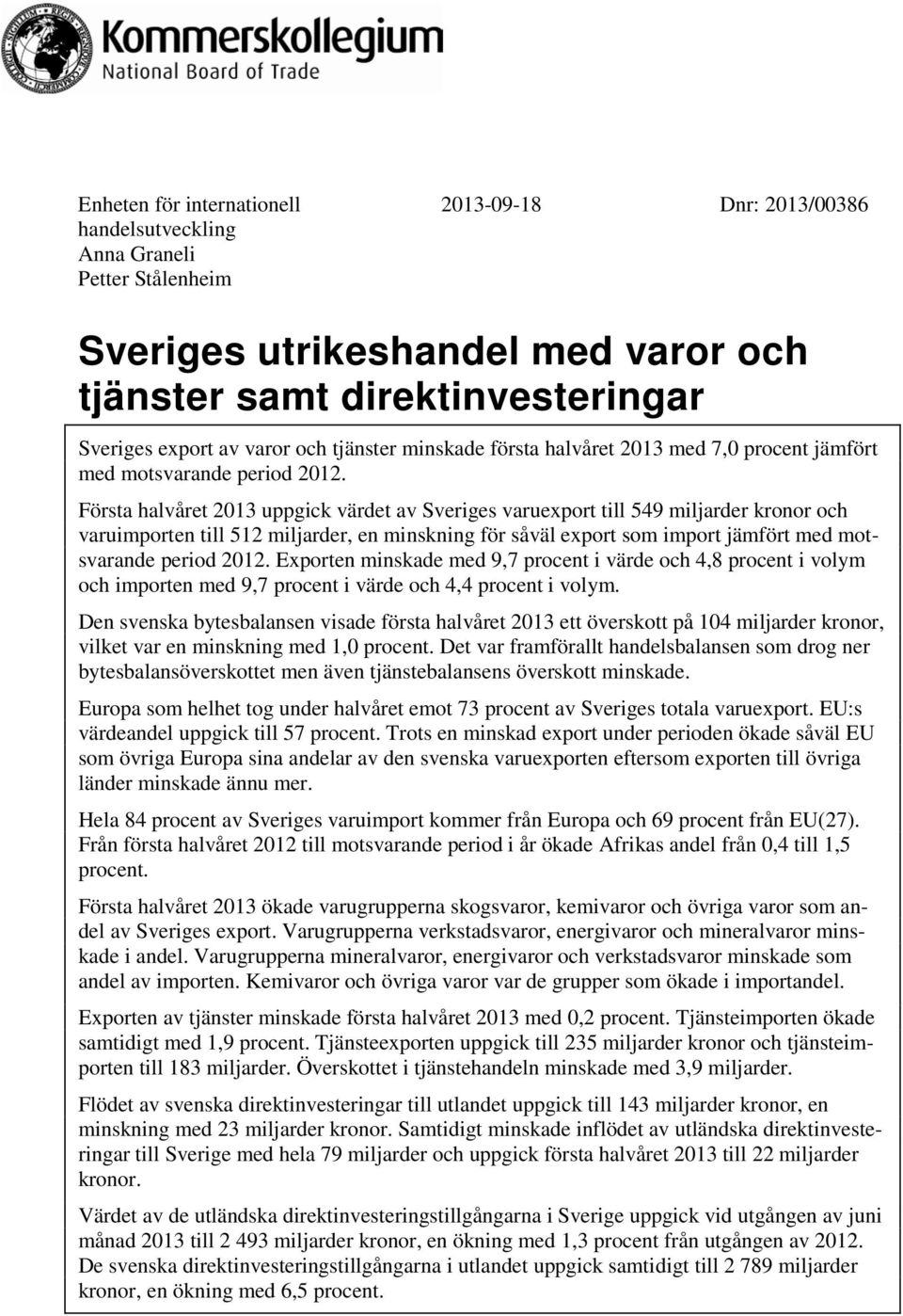Första halvåret uppgick värdet av Sveriges varuexport till 549 miljarder kronor och varuimporten till 512 miljarder, en minskning för såväl export som import jämfört med motsvarande period.