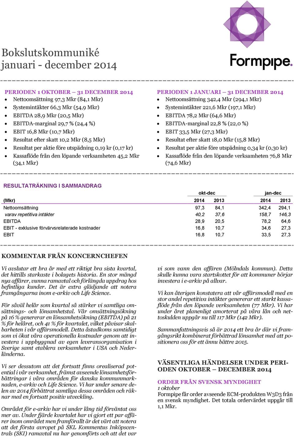 31 DECEMBER Nettoomsättning 342,4 Mkr (294,1 Mkr) Systemintäkter 221,6 Mkr (197,1 Mkr) EBITDA 78,2 Mkr (64,6 Mkr) EBITDA-marginal 22,8 % (22,0 %) EBIT 33,5 Mkr (27,3 Mkr) Resultat efter skatt 18,0