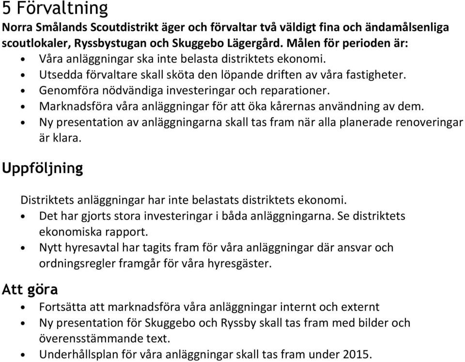 Genomföra nödvändiga investeringar och reparationer. Marknadsföra våra anläggningar för att öka kårernas användning av dem.