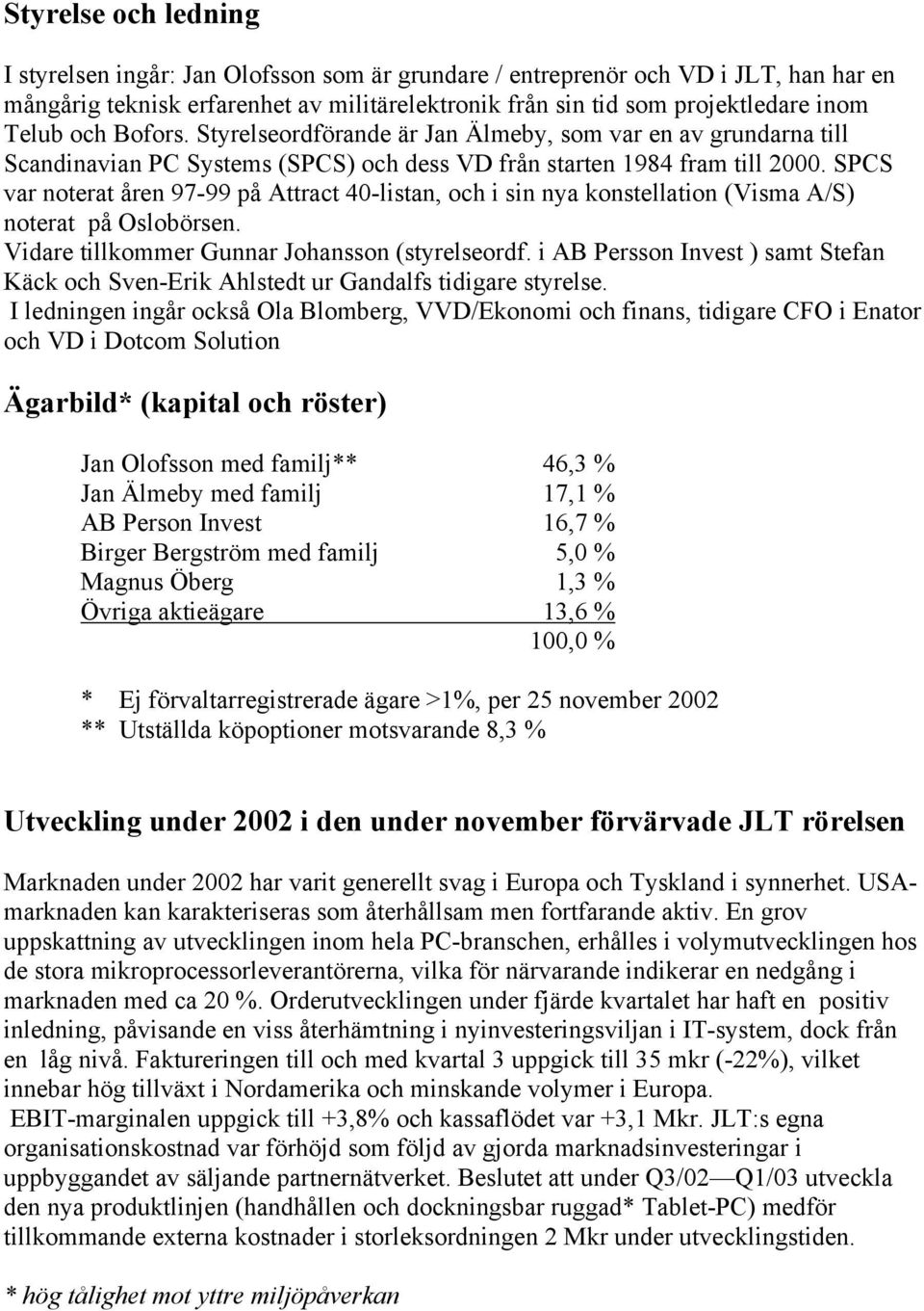 SPCS var noterat åren 97-99 på Attract 40-listan, och i sin nya konstellation (Visma A/S) noterat på Oslobörsen. Vidare tillkommer Gunnar Johansson (styrelseordf.