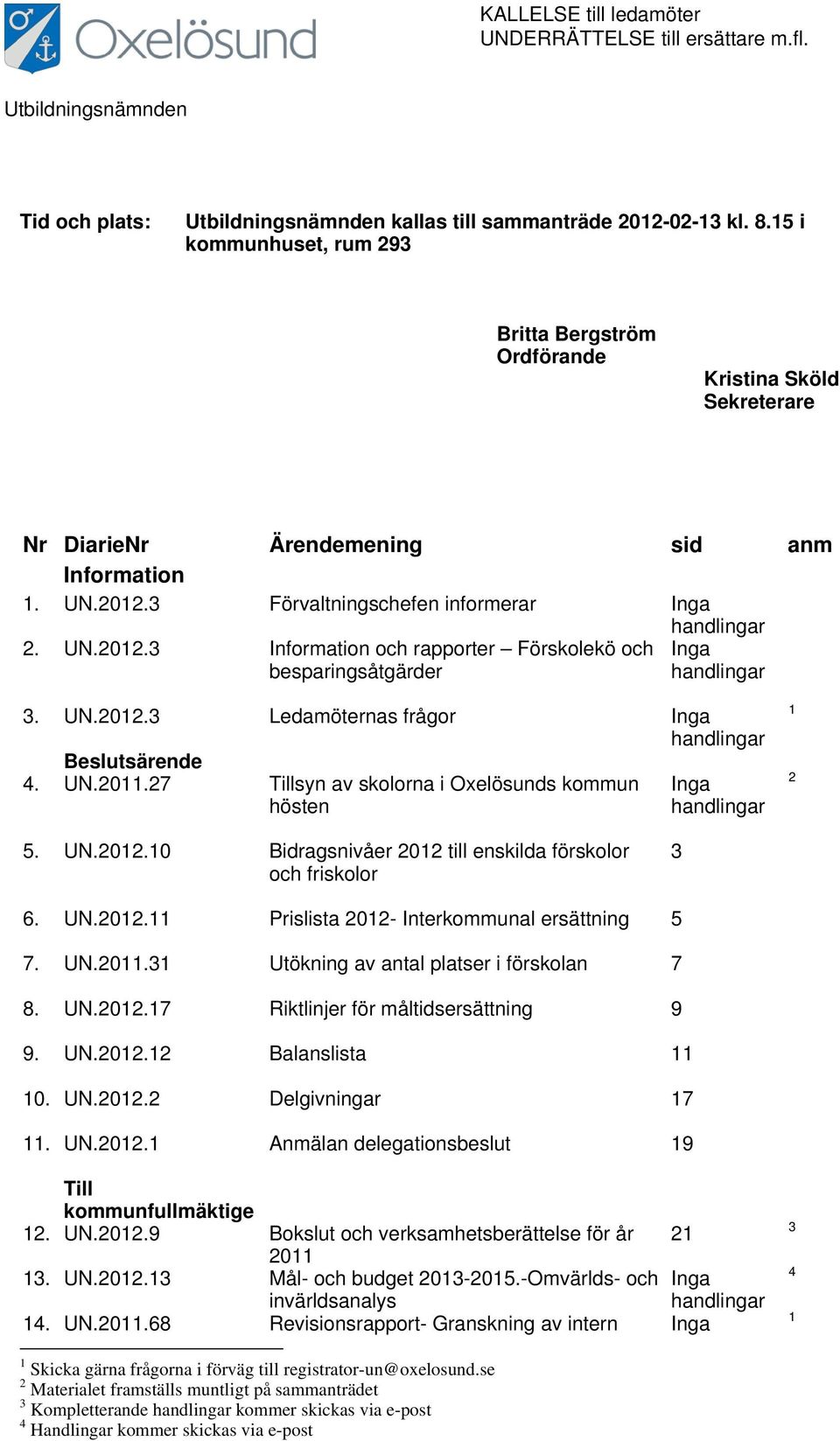 3 Förvaltningschefen informerar Inga handlingar 2. UN.2012.3 Information och rapporter Förskolekö och besparingsåtgärder Inga handlingar 3. UN.2012.3 Ledamöternas frågor Beslutsärende 4. UN.2011.