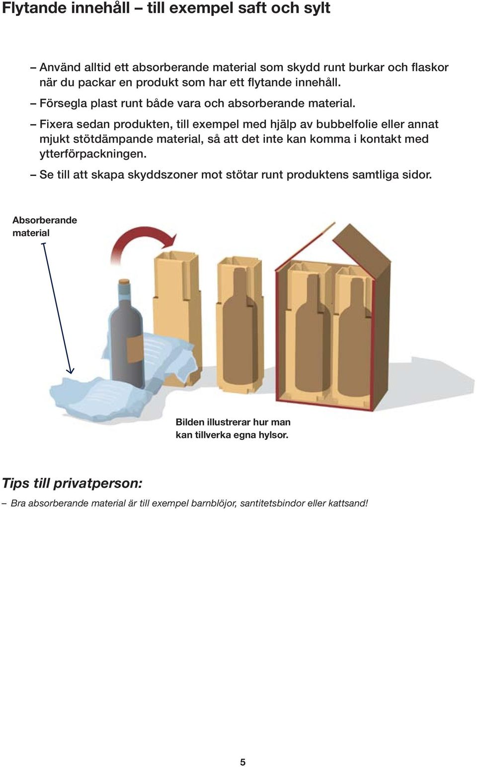 Fixera sedan produkten, till exempel med hjälp av bubbelfolie eller annat mjukt stötdämpande material, så att det inte kan komma i kontakt med ytterförpackningen.