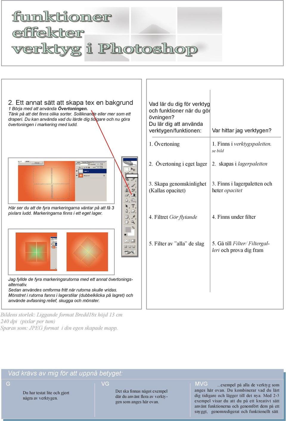 Du lär dig att använda verktygen/funktionen: Var hittar jag verktygen? 1. Övertoning 2. Övertoning i eget lager 1. Finns i verktygspaletten. se bild 2. skapas i lagerpaletten 3.