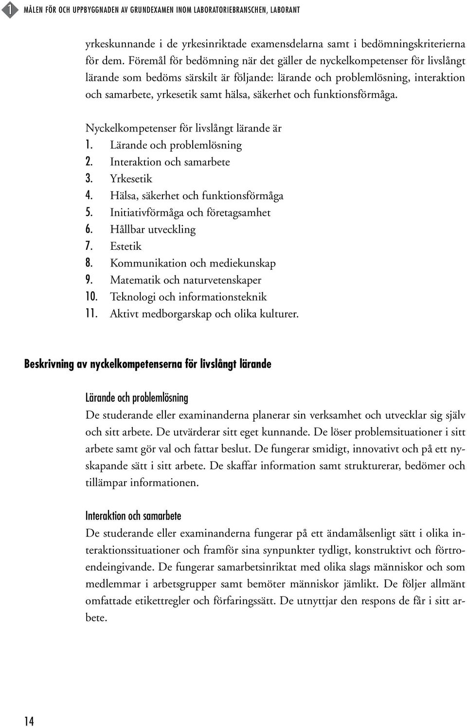 och funktionsförmåga. Nyckelkompetenser för livslångt lärande är 1. Lärande och problemlösning 2. Interaktion och samarbete 3. Yrkesetik 4. Hälsa, säkerhet och funktionsförmåga 5.