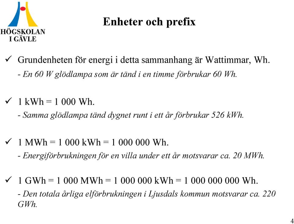 - Samma glödlampa tänd dygnet runt i ett år förbrukar 526 kwh. 1 MWh = 1 000 kwh = 1 000 000 Wh.