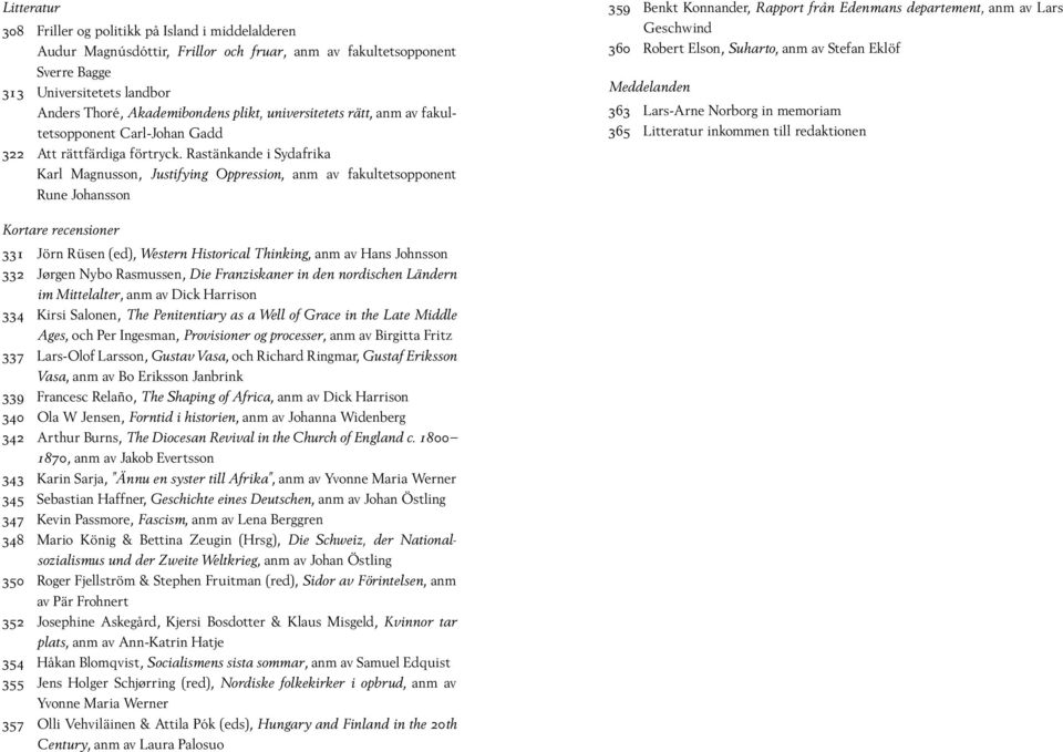 Rastänkande i Sydafrika Karl Magnusson, Justifying Oppression, anm av fakultetsopponent Rune Johansson 359 Benkt Konnander, Rapport från Edenmans departement, anm av Lars Geschwind 360 Robert Elson,