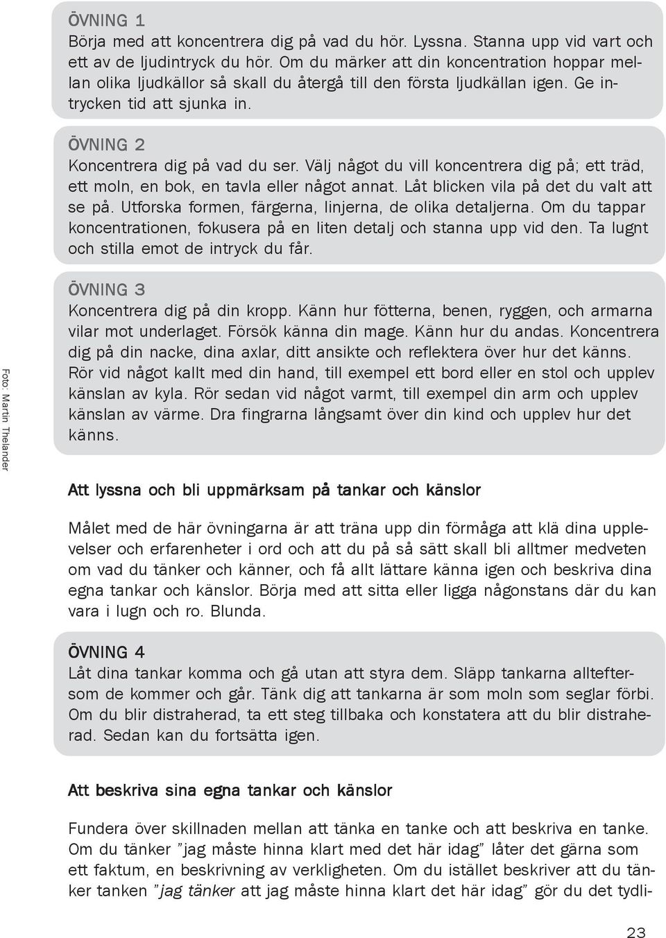 Välj något du vill koncentrera dig på; ett träd, ett moln, en bok, en tavla eller något annat. Låt blicken vila på det du valt att se på. Utforska formen, färgerna, linjerna, de olika detaljerna.