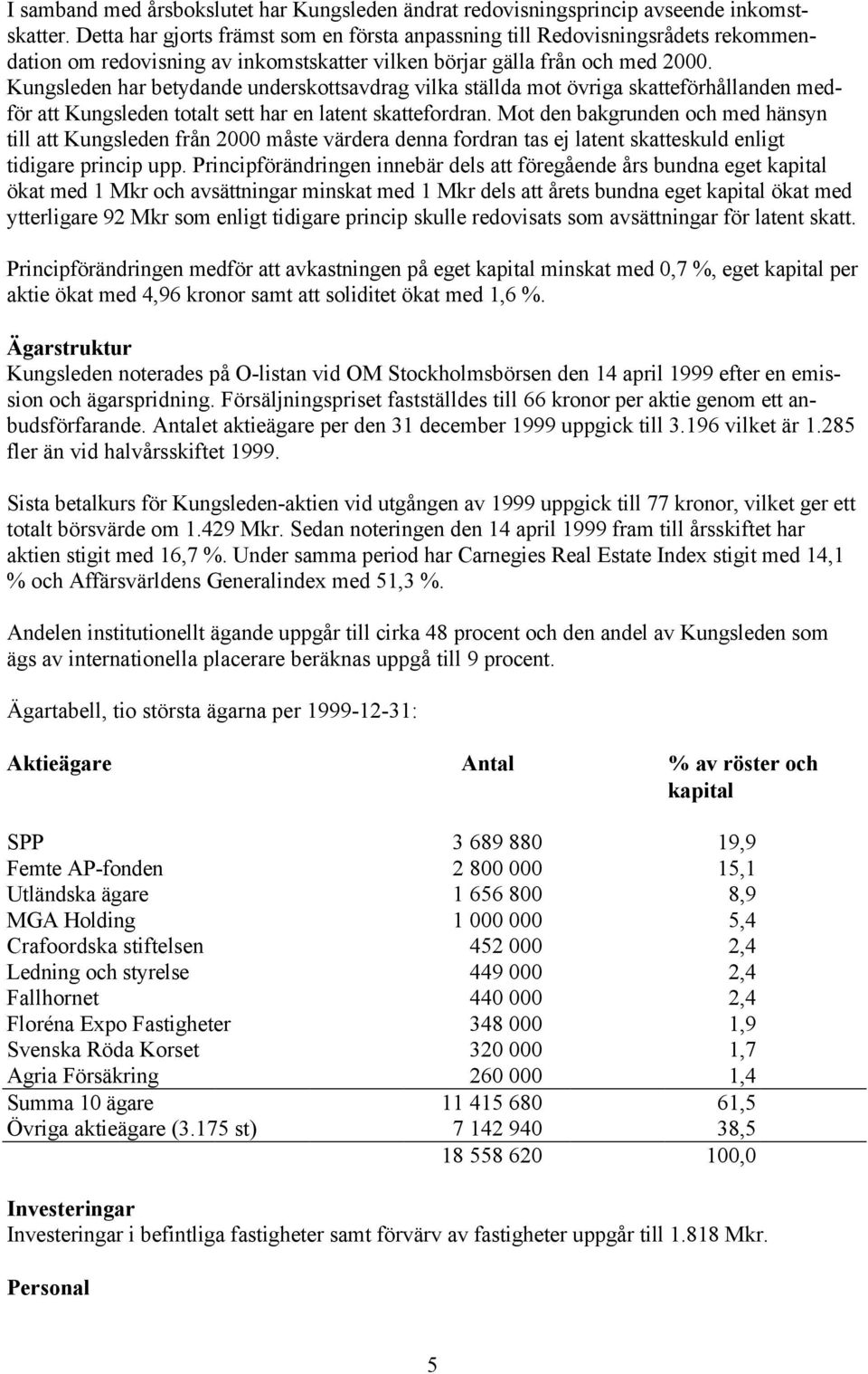 Kungsleden har betydande underskottsavdrag vilka ställda mot övriga skatteförhållanden medför att Kungsleden totalt sett har en latent skattefordran.