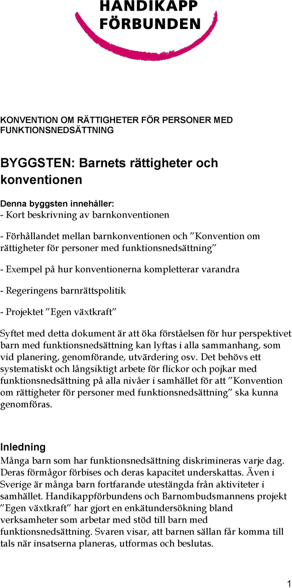 Syftet med detta dokument är att öka förståelsen för hur perspektivet barn med funktionsnedsättning kan lyftas i alla sammanhang, som vid planering, genomförande, utvärdering osv.