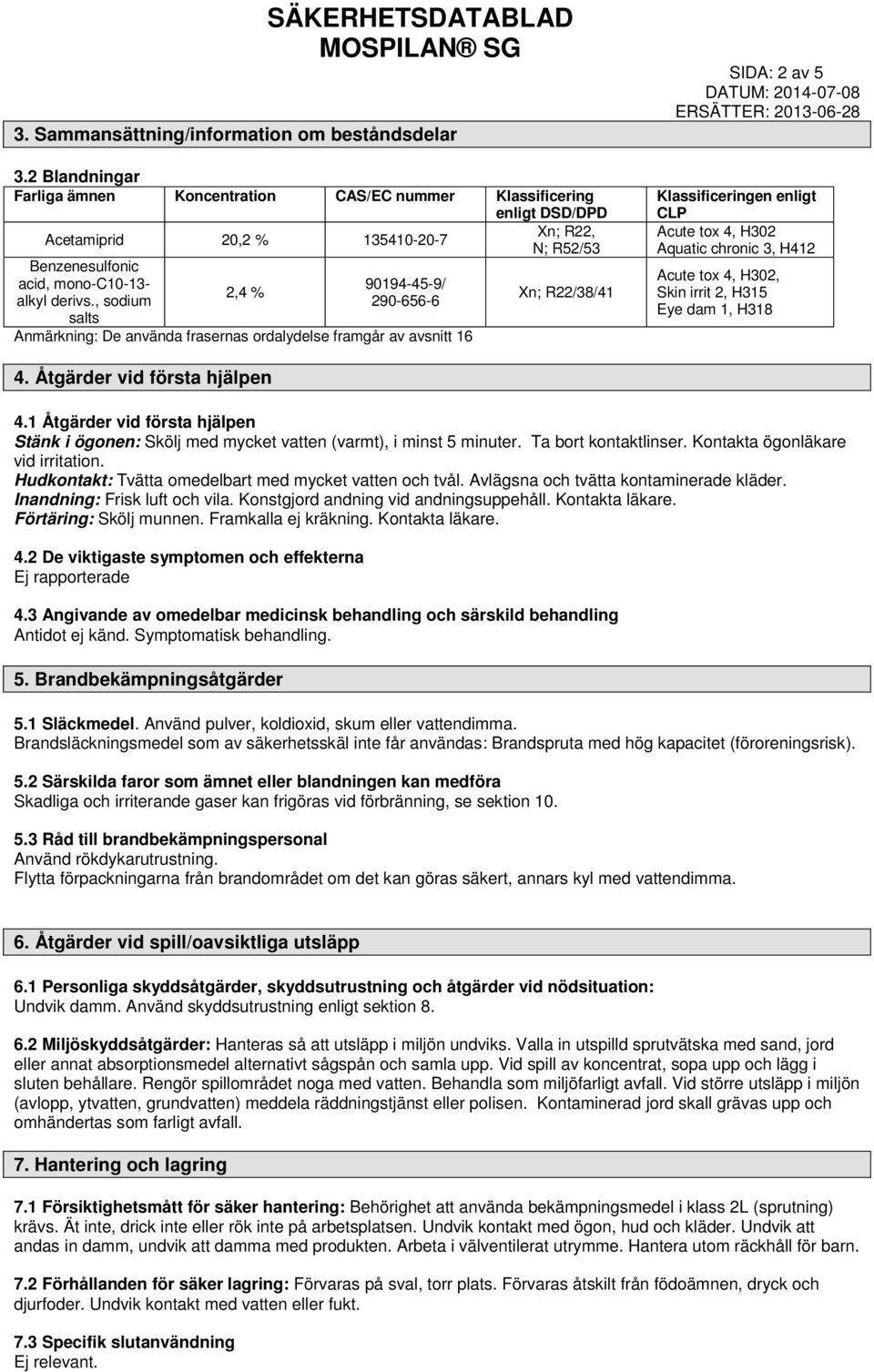, sodium salts 2,4 % 90194-45-9/ 290-656-6 Anmärkning: De använda frasernas ordalydelse framgår av avsnitt 16 Xn; R22, N; R52/53 Xn; R22/38/41 SIDA: 2 av 5 Klassificeringen enligt CLP Acute tox 4,