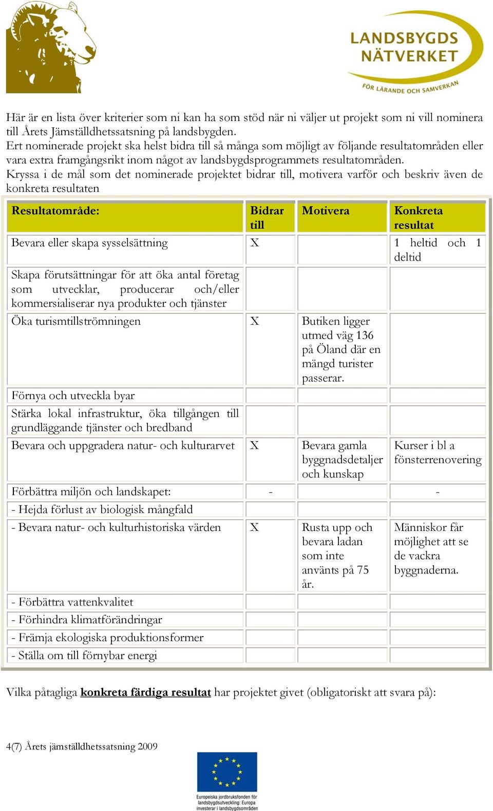 Kryssa i de mål som det nominerade projektet bidrar till, motivera varför och beskriv även de konkreta resultaten Resultatområde: Bidrar till Motivera Konkreta resultat Bevara eller skapa
