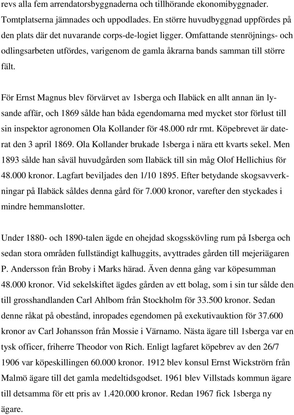För Ernst Magnus blev förvärvet av 1sberga och Ilabäck en allt annan än lysande affär, och 1869 sålde han båda egendomarna med mycket stor förlust till sin inspektor agronomen Ola Kollander för 48.