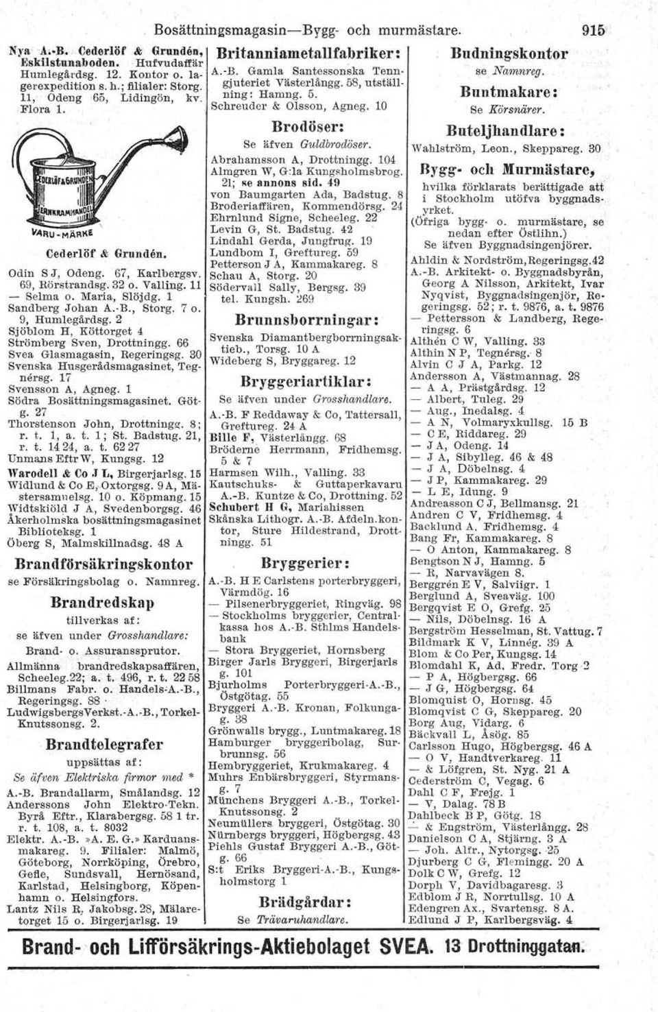 Brodöser: Buteljhandlare : Se äfven Guldbrodöser. Wahlström, Leon., Skeppareg. 30 Abrahamsson A, Drottningg. 104 Almgren W, Gr la Kungsholmsbrog. Bygg- och Murmästare; 21; se annons sid.