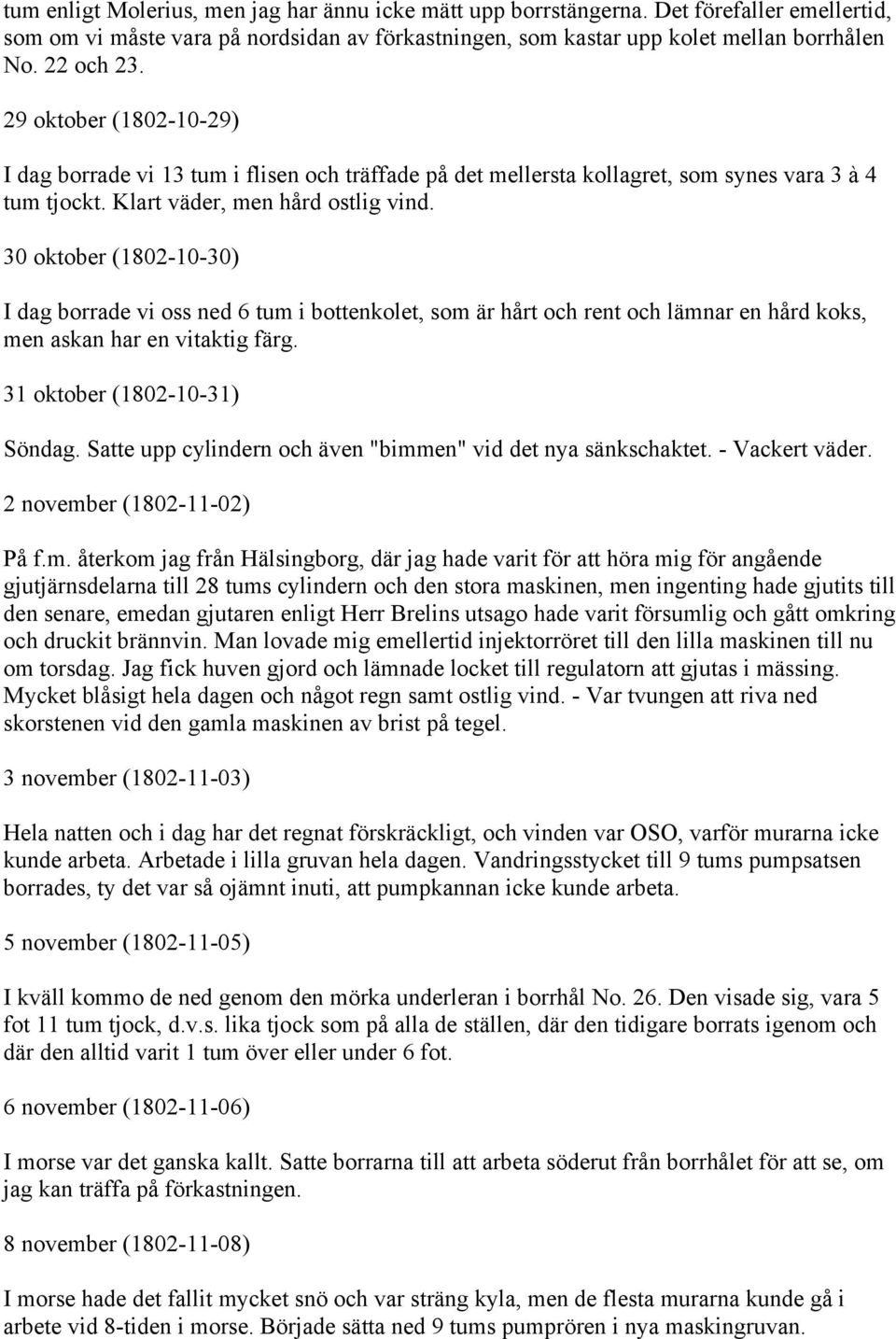 30 oktober (1802-10-30) I dag borrade vi oss ned 6 tum i bottenkolet, som är hårt och rent och lämnar en hård koks, men askan har en vitaktig färg. 31 oktober (1802-10-31) Söndag.
