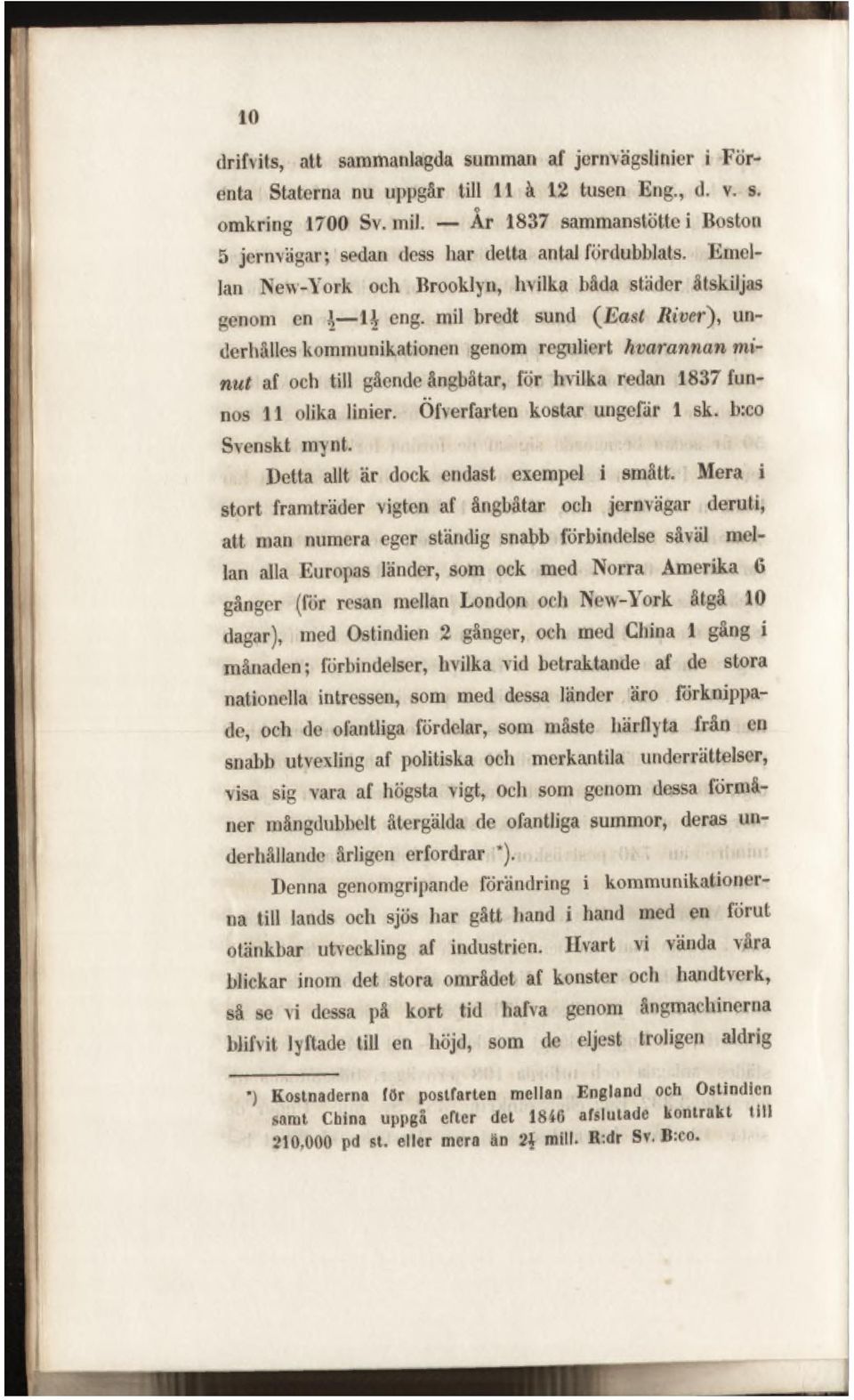 mil bredt sund ( East River), un- derhålles kommunikationen genom reguliert hvarannan m i n u t af och till gående ångbåtar, för hvilka redan 1837 fun- nos 11 olika linier.