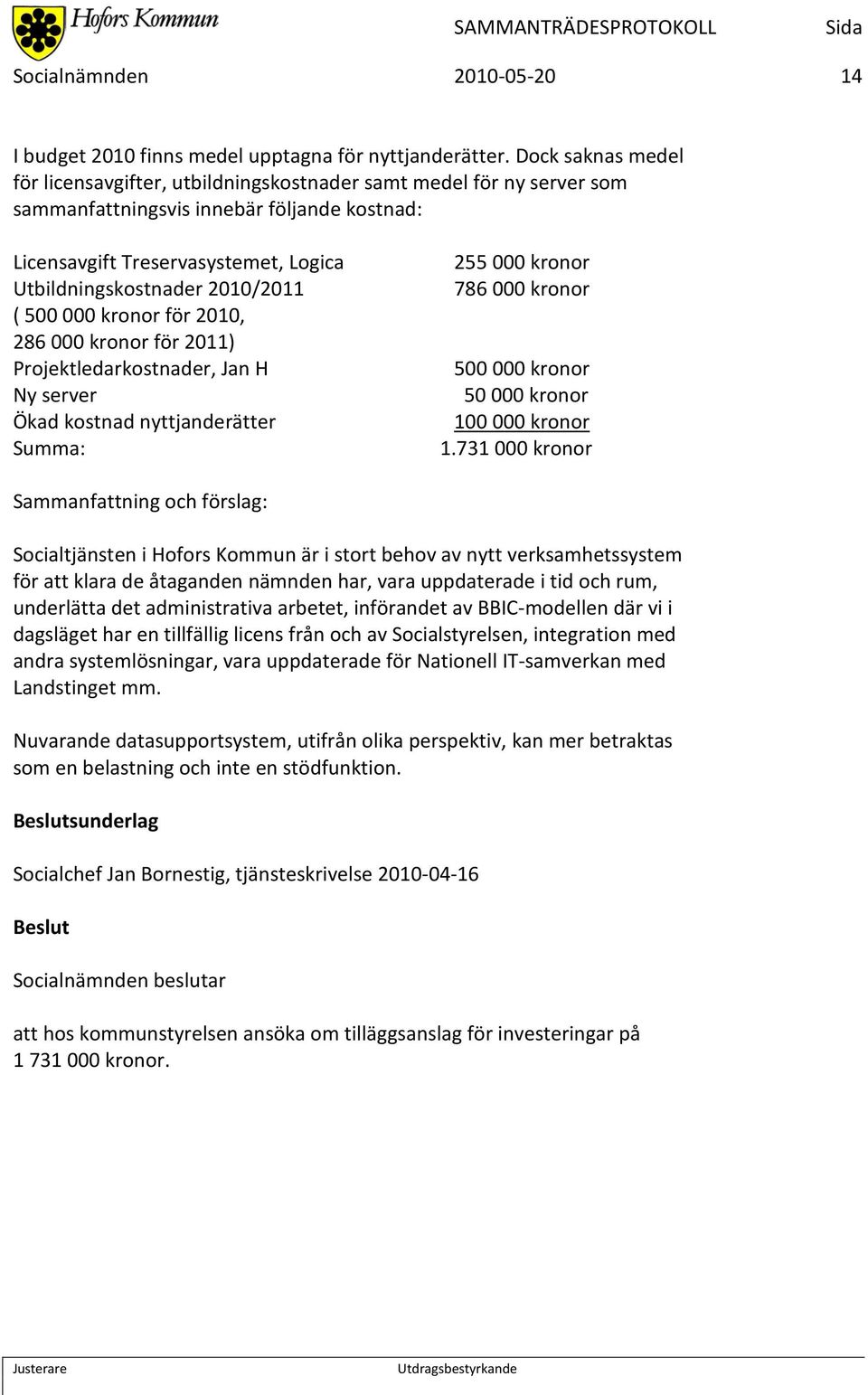 2010/2011 ( 500 000 kronor för 2010, 286 000 kronor för 2011) Projektledarkostnader, Jan H Ny server Ökad kostnad nyttjanderätter Summa: 255 000 kronor 786 000 kronor 500 000 kronor 50 000 kronor 100