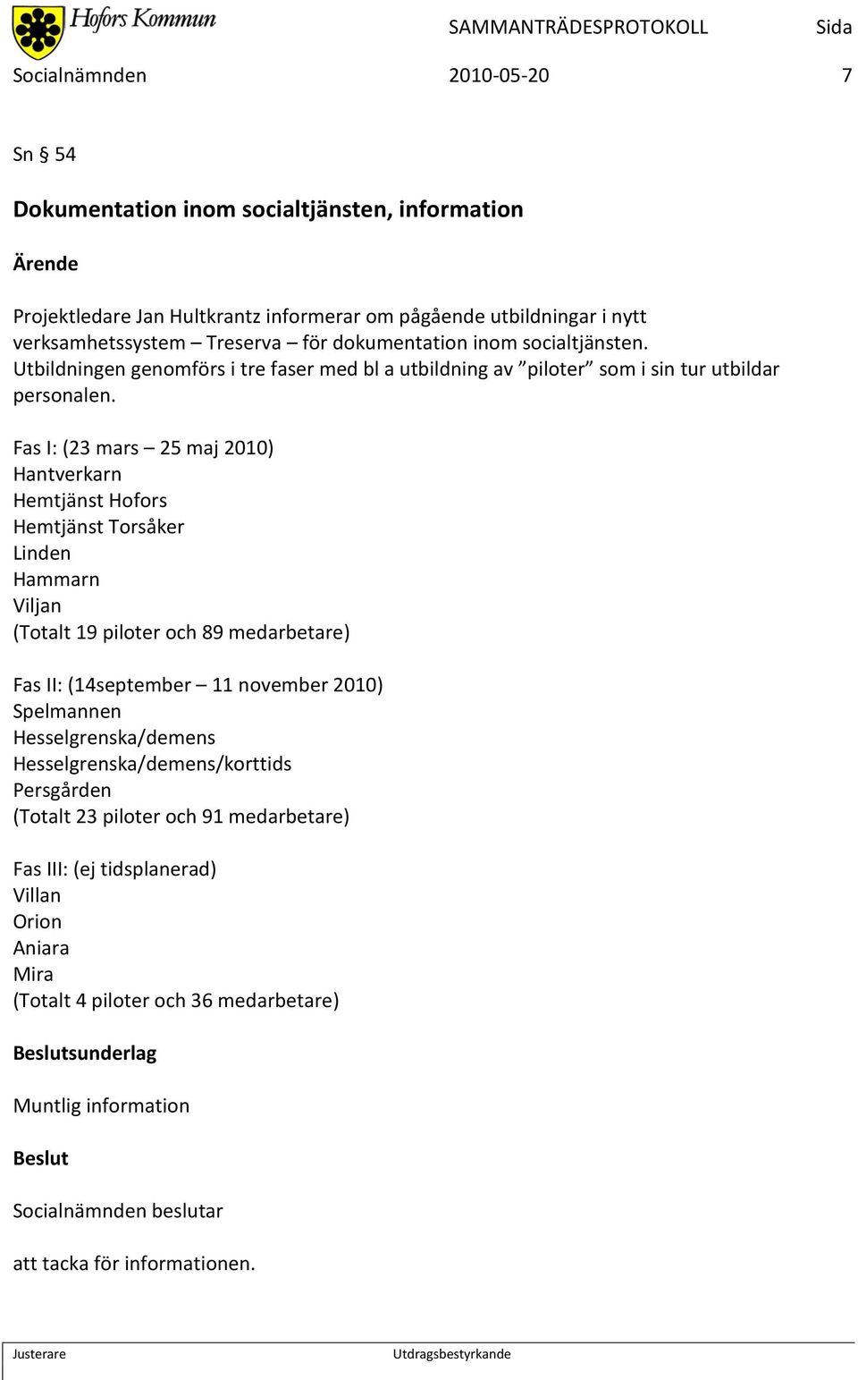 Fas I: (23 mars 25 maj 2010) Hantverkarn Hemtjänst Hofors Hemtjänst Torsåker Linden Hammarn Viljan (Totalt 19 piloter och 89 medarbetare) Fas II: (14september 11 november 2010) Spelmannen