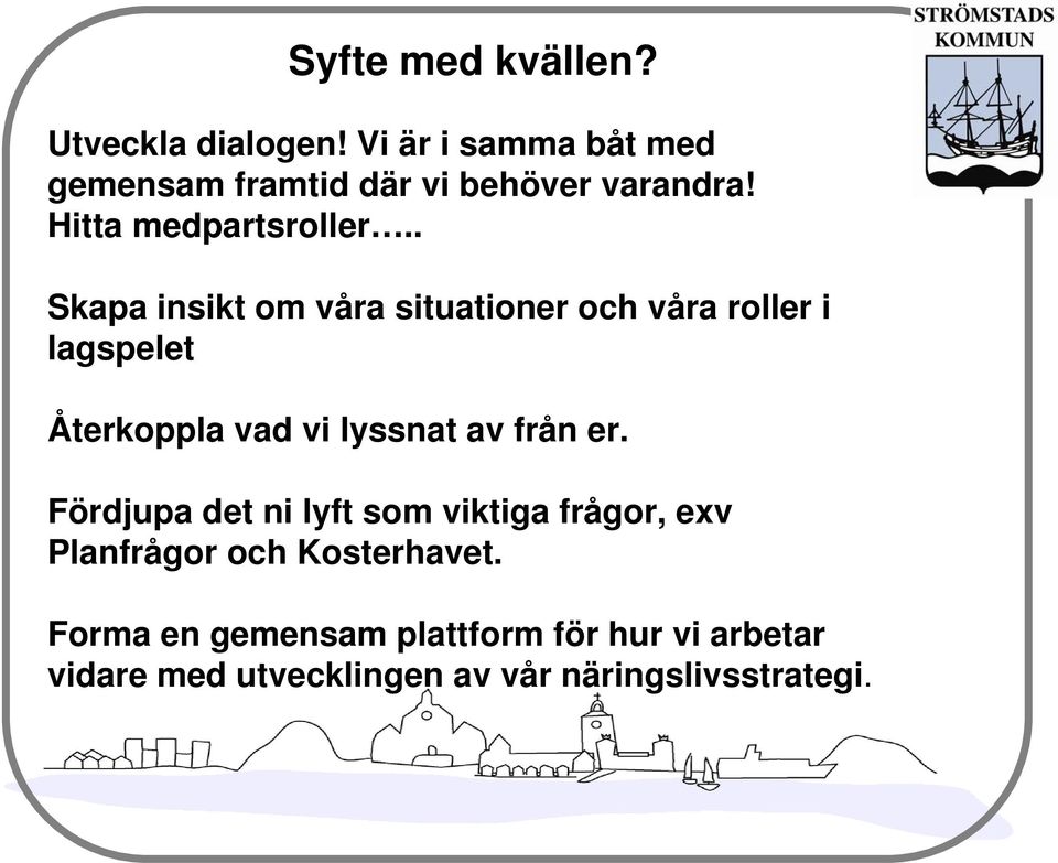 . Skapa insikt om våra situationer och våra roller i lagspelet Återkoppla vad vi lyssnat av från er.