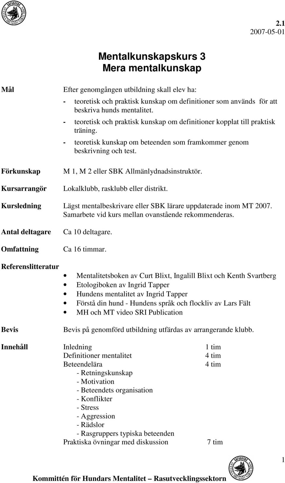 M 1, M 2 eller SBK Allmänlydnadsinstruktör. Lokalklubb, rasklubb eller distrikt. Kursledning Lägst mentalbeskrivare eller SBK lärare uppdaterade inom MT 2007.