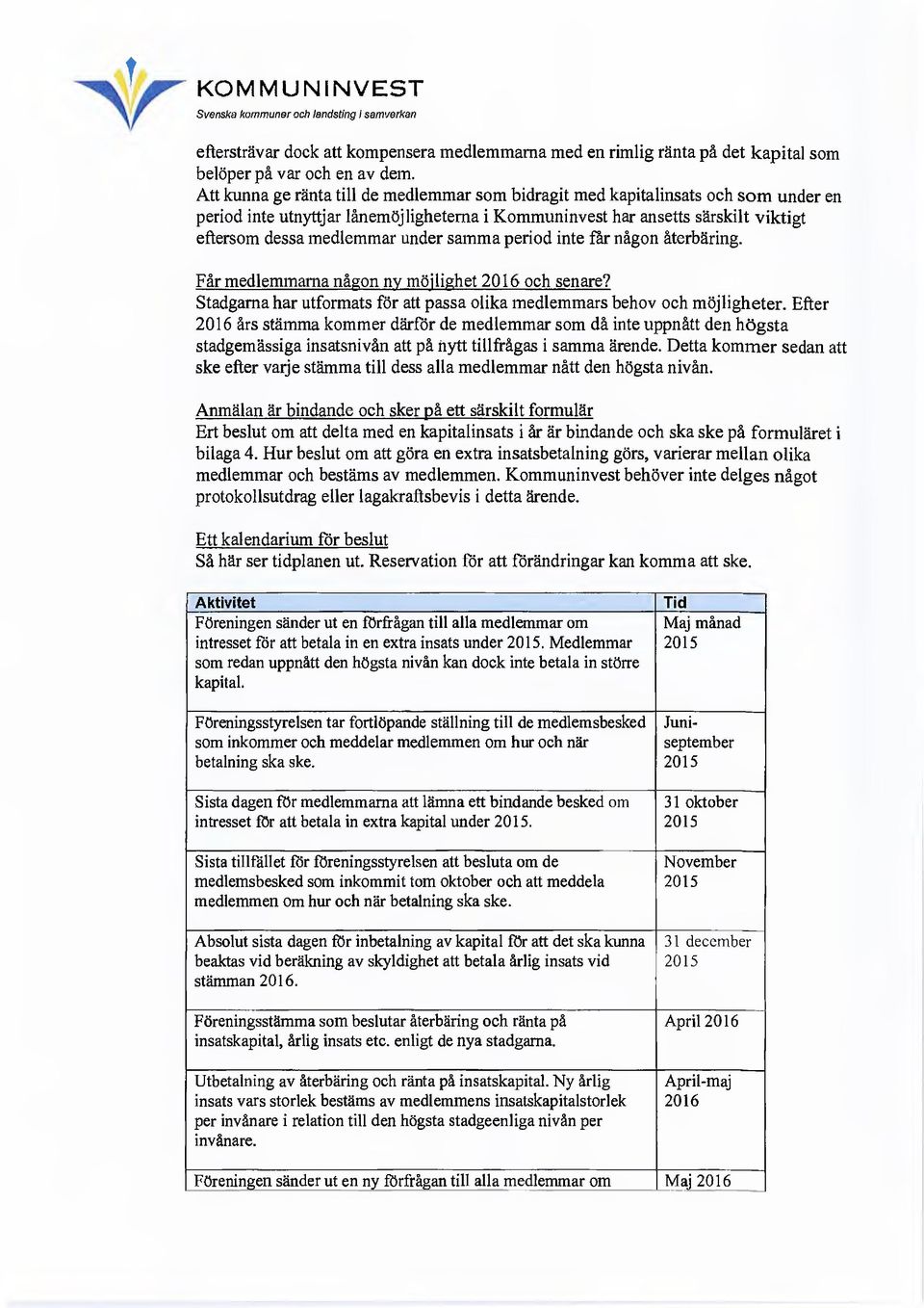 samma period inte far någon återbäring. Får medlemmarna någon ny möjlighet 2016 och senare? Stadgarna har utformats för att passa olika medlemmars behov och möjligheter.