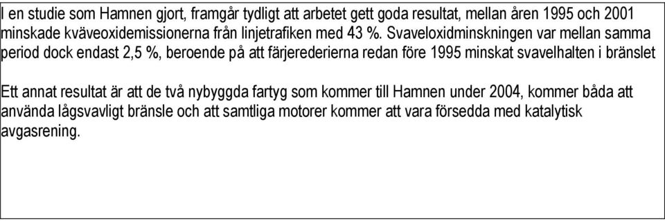 Svaveloxidminskningen var mellan samma period dock endast 2,5 %, beroende på att färjerederierna redan före 1995 minskat