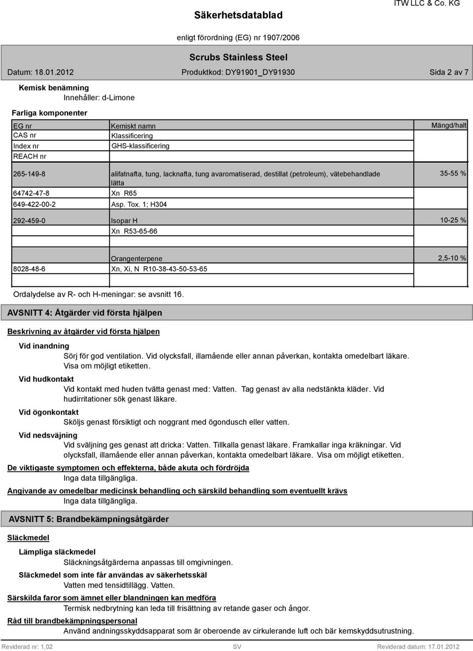 GHS-klassificering alifatnafta, tung, lacknafta, tung avaromatiserad, destillat (petroleum), vätebehandlade lätta Xn R65 Asp. Tox.