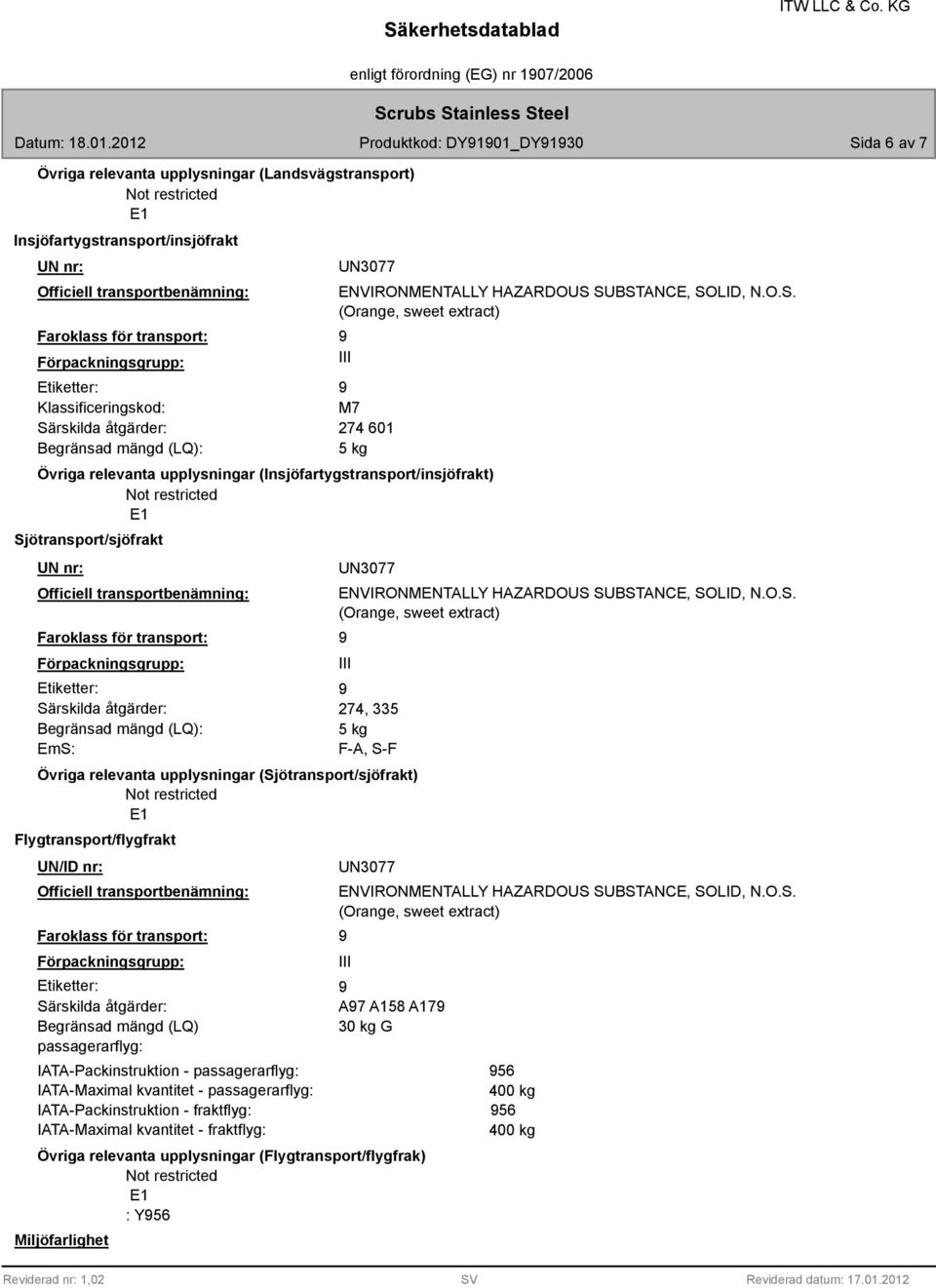 Begränsad mängd (LQ): 5 kg Övriga relevanta upplysningar (Insjöfartygstransport/insjöfrakt) Sjötransport/sjöfrakt UN nr: Etiketter: Särskilda åtgärder: Begränsad mängd (LQ): EmS: 274, 335 5 kg F-A,