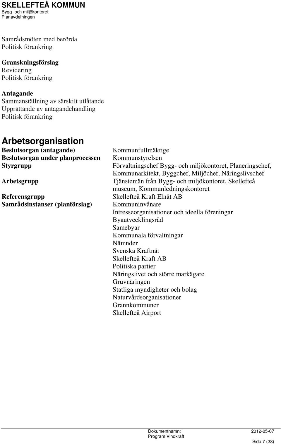 Planeringschef, Kommunarkitekt, Byggchef, Miljöchef, Näringslivschef Tjänstemän från, Skellefteå museum, Kommunledningskontoret Skellefteå Kraft Elnät AB Kommuninvånare Intresseorganisationer och