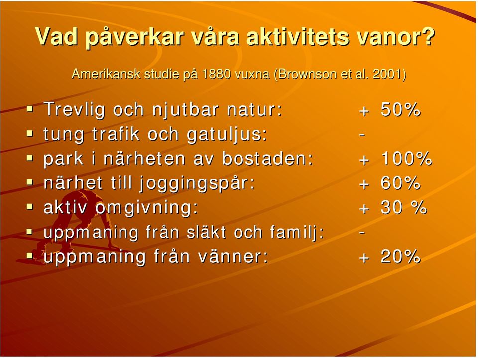 2001) Trevlig och njutbar natur: + 50% tung trafik och gatuljus: - park i