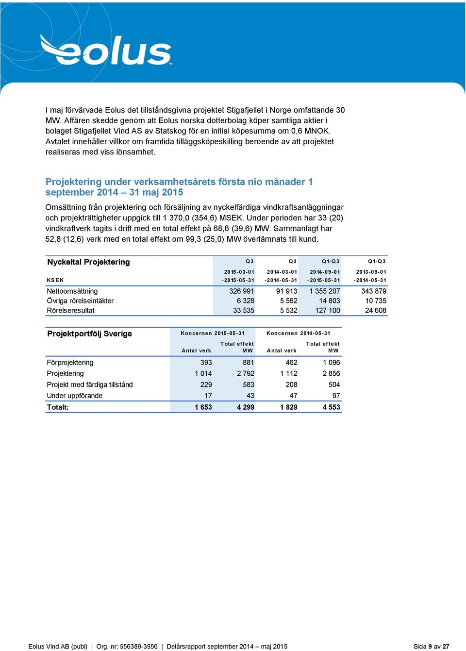 Avtalet innehåller villkor om framtida tilläggsköpeskilling beroende av att projektet realiseras med viss lönsamhet.